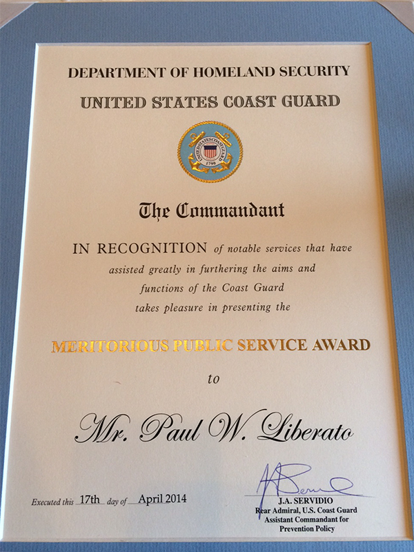 Paul Liberato receives the USCG Meritorious Public Service Award ...